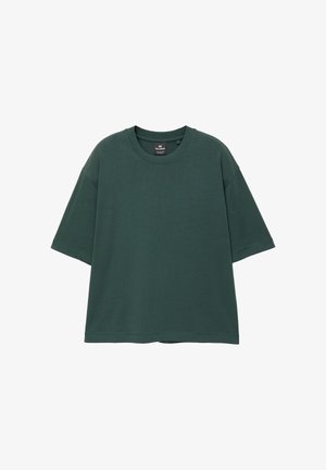 T-shirt oversize verde scuro realizzato in tessuto morbido, con scollatura rotonda e maniche corte, dal taglio ampio e rilassato.
