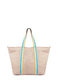 Borsa tote beige realizzata in nylon morbido, caratterizzata da strisce verticali blu e gialle e due manici robusti per una facile trasporto.