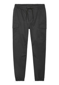 Svarta cargobyxor i lättviktsmaterial. Elastisk midja med dragsko, två sidofickor och två cargofickor, tapered ben design.