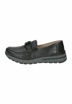 Scarpa nera in pelle senza lacci con finitura texturizzata, punta rotonda, suola a profilo basso e dettaglio in metallo argentato.