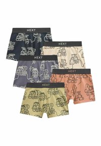 Fem par drengens boxer shorts i marineblå, grå, beige, grøn og fersken med tryk af lastbiler og entreprenørkøretøjer. Elastisk NEXT livrem.