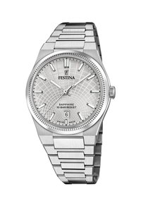 Montre en acier inoxydable argenté avec un cadran gris clair texturé, un cristal de saphir, un affichage de la date et un bracelet à maillons.