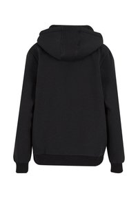 Juodas gobtuvas su pūkine vidine dalimi, su raukiniais ant rankovių ir apatinio krašto. Nugarinė pusė lygi, be matomų logotipų ar raštų.