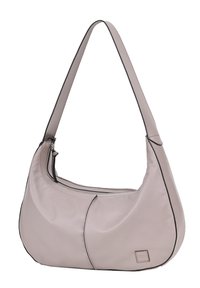 Borsa hobo in morbida pelle grigia chiara con profili neri, forma curvata, una sola tracolla e dettaglio di chiusura con zip.