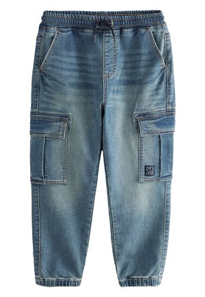 Jasnoniebieskie spodnie cargo z denimu z elastycznym pasem, sznurkiem, bocznymi kieszeniami z patkami i elastycznymi mankietami.