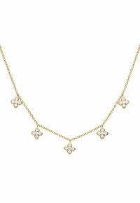 Gouden ketting met vijf bloemenvormige hangers, elk versierd met heldere edelstenen, die het complexe ontwerp en de delicate textuur benadrukken.