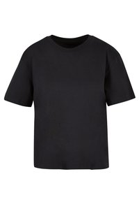 T-shirt en coton noir à manches courtes, col rond, coupe décontractée et texture lisse. Aucuns motifs ni graphiques présents.