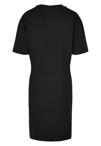 Schwarzes Kurzarmkleid aus Baumwolle. Es hat einen runden Halsauschnitt und eine glatte Textur, mit einem taillierten Oberteil, das sanft am Saum ausgestellt ist.