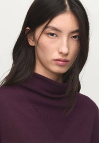 Suéter de cuello alto burdeos con una textura suave, que presenta un cuello drapeado y un diseño ceñido. Estilo simple y minimalista.