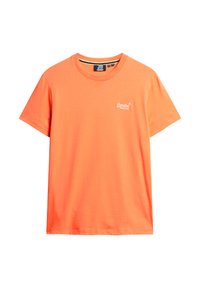 T-shirt a maniche corte, con collo a giro in cotone arancione brillante. Presenta un piccolo logo bianco sul lato sinistro del petto. Tessuto liscio, vestibilità casual.