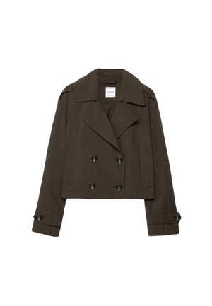 Giacca doppio petto corta di colore marrone scuro con ampi revers, polsini con bottoni ed epaulette sulle spalle.