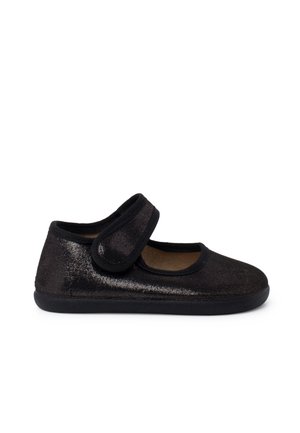 Black glitter Mary Jane shoe with a rounded toe, adjustable Velcro strap, and black rubber sole. Soft fabric upper with cushioned insole.
