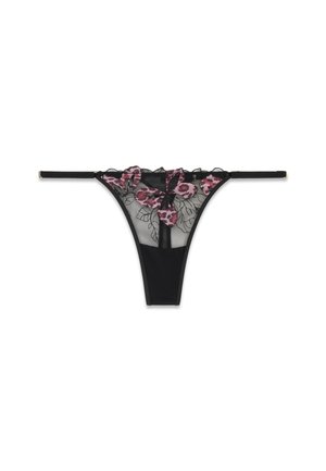 String noir transparent avec motif papillon floral rose brodé et fines bretelles latérales réglables.