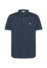 Polo shirt blu navy in cotone, con abbottonatura a due bottoni e un piccolo logo ricamato sul petto sinistro. Maniche corte, vestibilità classica.