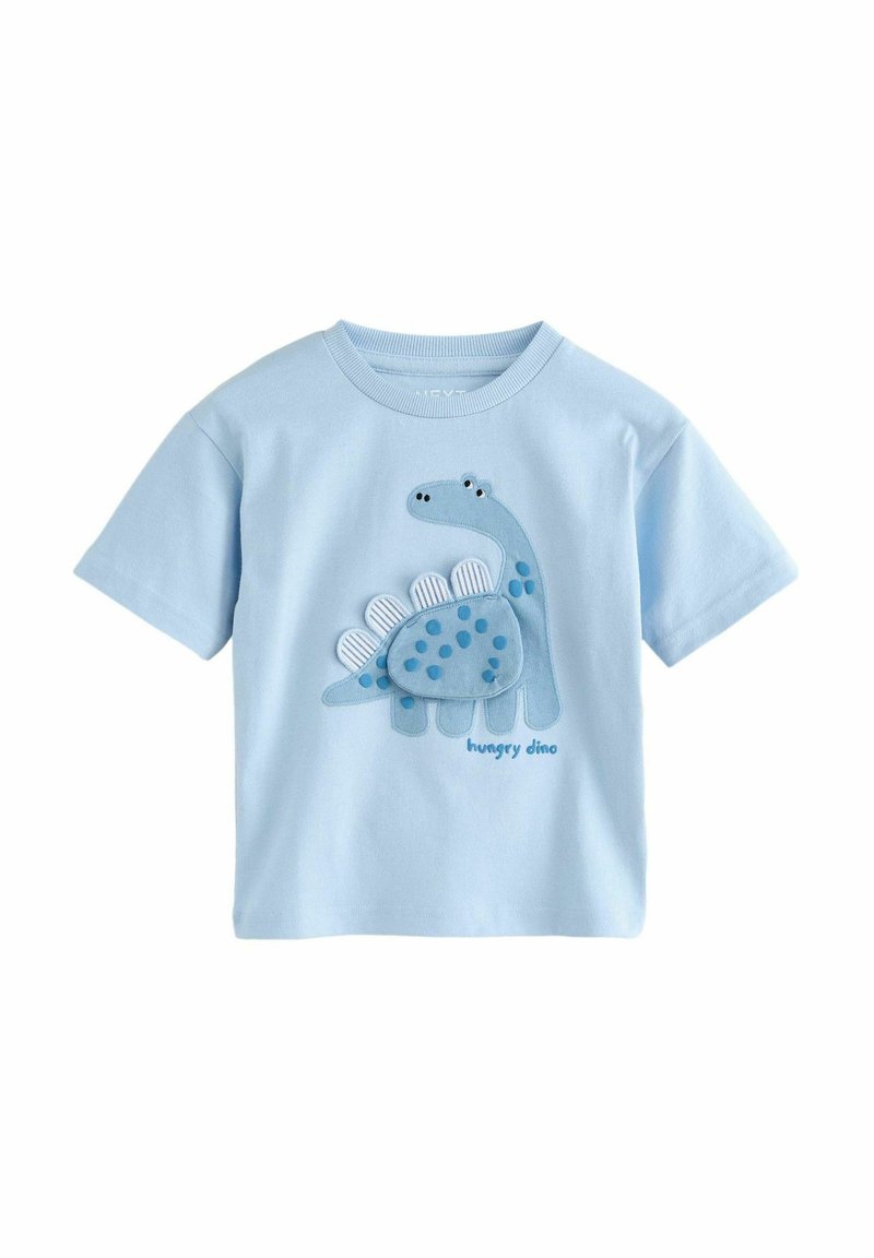 Lyseblå børnet-shirt lavet af bomuld, med et fluffy dinosaur-design med prikker og teksten "sulten dino" i blå.