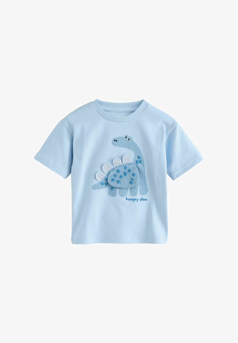 Lyseblå børnet-shirt lavet af bomuld, med et fluffy dinosaur-design med prikker og teksten "sulten dino" i blå.
