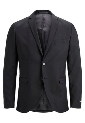 Czarny żakiet wykonany z gładkiego materiału, z pojedynczym zapięciem na guzik, klapami w kształcie litery "notch" i kieszenią na piersi. Wnętrze podszewkowane kontrastowym materiałem.