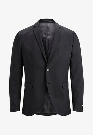 Melnā žakete no gludas auduma ar vienu pogu, iedobēm un krūšu kabatu. Iekšpuse odere ar kontrastējošu audumu.