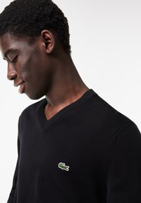 Maglione nero lavorato a maglia con scollo a V, caratterizzato da un piccolo logo di coccodrillo ricamato in verde sul lato sinistro del petto.