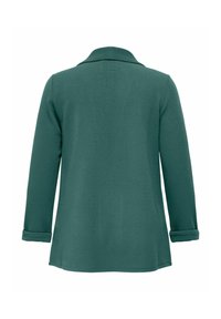 Tamsiai žalia ilgos rankovės striukė su surišamomis rankovėmis ir paprastu apykakle, matoma iš nugaros.