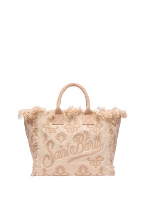 Sac fourre-tout en tissu beige avec bords à franges, motifs floraux brodés et inscription « Saint Barth » sur le devant, avec deux anses solides.