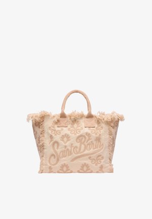 Sac fourre-tout en tissu beige avec bords à franges, motifs floraux brodés et inscription « Saint Barth » sur le devant, avec deux anses solides.