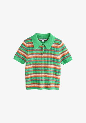 Grünes, gestricktes Polohemd mit kurzen Ärmeln und orange-blauen Streifen. Gerippter Kragen und Saum, mit drei Knöpfen am Hals.