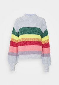 Suéter de pullover a rayas con varios colores: verde, amarillo, rojo, rosa y gris. Hecho de material de punto texturizado con un cuello alto.