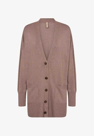 Brown cardigan with a V-neck, long sleeves, and six dark buttons down the front. It features two front pockets and a soft texture.