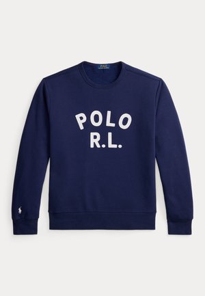 Tumesinine kaelusega dressipluus valge tekstiga "POLO R.L." ees ning väike tikitud logo vasaku randme mansetil.