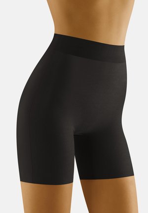 Zwarte hooggesneden shapewear shorts met een gladde textuur, een aansluitende pasvorm en een naadloos ontwerp, tot halverwege de dijen.