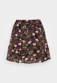 Jupe noire à motifs floraux avec des fleurs roses et jaunes, taille froncée et volants superposés pour plus de texture. Tissu léger.