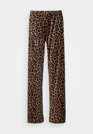 Brown pants with black leopard print pattern and elastic waistband, displayed against a plain white background.