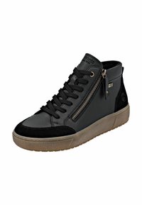 Sneaker alte nere in pelle e camoscio, con cerniera frontale, punta rotonda, suola in gomma e dettagli testurizzati.