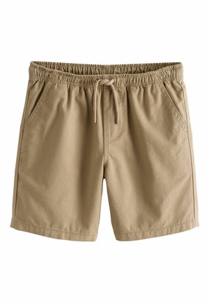 Tan cotton shorts with an elastic waistband, drawstring closure, two side pockets, and double-stitched hems. Smooth texture.