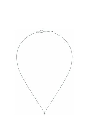 Silver necklace with a thin, delicate chain. Features a small heart-shaped pendant at the center. Simple design, polished finish.