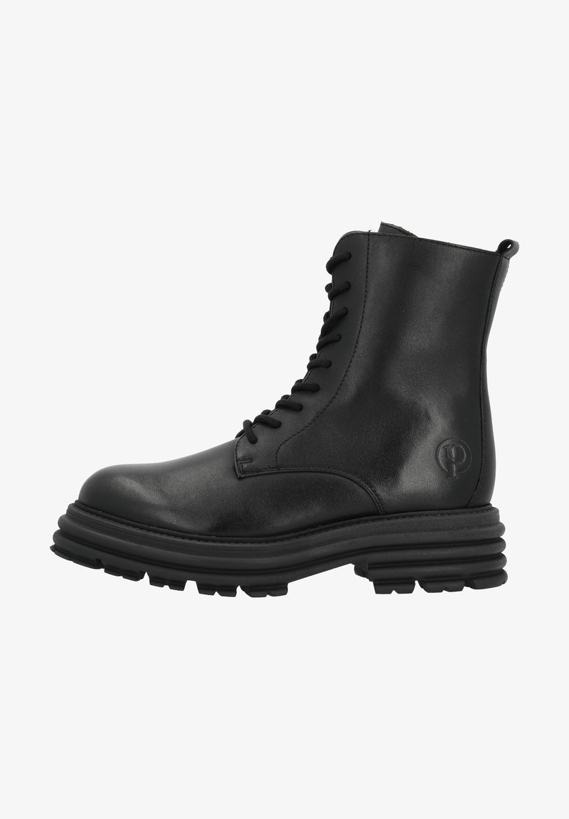 Bottine en cuir noir à bout rond, avec lacets sur le devant, semelle renforcée et logo bien en vue sur le côté. Fini texturé, design robuste.