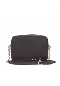 Borsa a tracolla nera in materiale sintetico con una texture liscia, chiusura con zip e tracolla con dettagli in catena argentata. Presenta una tracolla in pelle rimovibile.