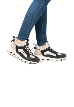 Black and beige hiking shoes with textured surfaces, lace-up design, high-top shape, and cushioned soles featuring ventilation cutouts.
