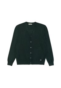 Cardigan verde scuro realizzato in materiale morbido, con scollo a V, maniche lunghe e sei bottoni sul davanti, con un piccolo etichetta all'orlo.