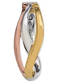 Drehbarer Ring aus drei Metallen: Roségold, Silber und Gelbgold. Verfügt über glatte, polierte Oberflächen und ein fließendes, ineinander verwundenes Design.