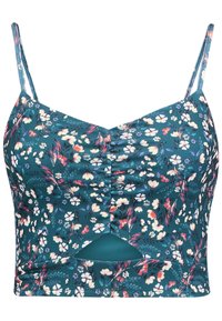 Blommönstrad crop top i teal-tyg, med tunna axelband, hjärtformad halsringning och ett nyckelhål vid framsidan.