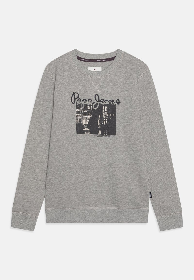 Sudadera gris de manga larga con cuello redondo, con un gráfico negro y el texto "Pepe Jeans" en la parte delantera.