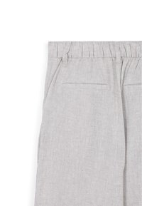 Light grey linen trousers with a textured fabric, featuring an elastic waistband, side pockets, and a relaxed fit design.