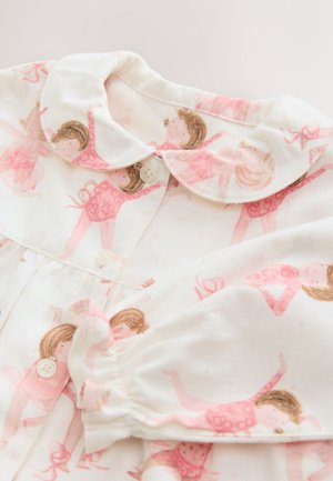 Katoenen jurk met een witte achtergrond en herhaalde roze ballerina prints, een kraag en knoopsluitingen aan de voorkant.