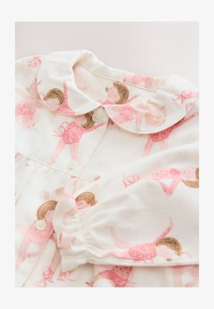 Vestito di cotone con sfondo bianco caratterizzato da stampe ripetute di ballerine rosa, colletto e chiusura con bottoni sul davanti.