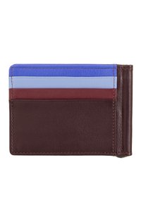 Portafoglio in pelle marrone, dotato di quattro scomparti in tonalità di blu e bordeaux. Texture liscia con dettagli cuciti sui bordi.
