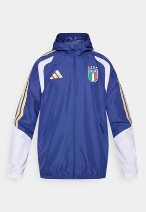 Marineblauer Windbreaker mit goldenen und weißen Akzenten, ausgestattet mit verstellbarer Kapuze, Frontreißverschluss und Emblem der italienischen Nationalmannschaft.