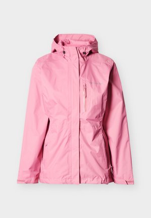 Hellrosa wasserdichte Jacke mit Kapuze, vorderem Reißverschluss, Brusttasche und verstellbaren Bündchen, entworfen für Outdoor-Aktivitäten.