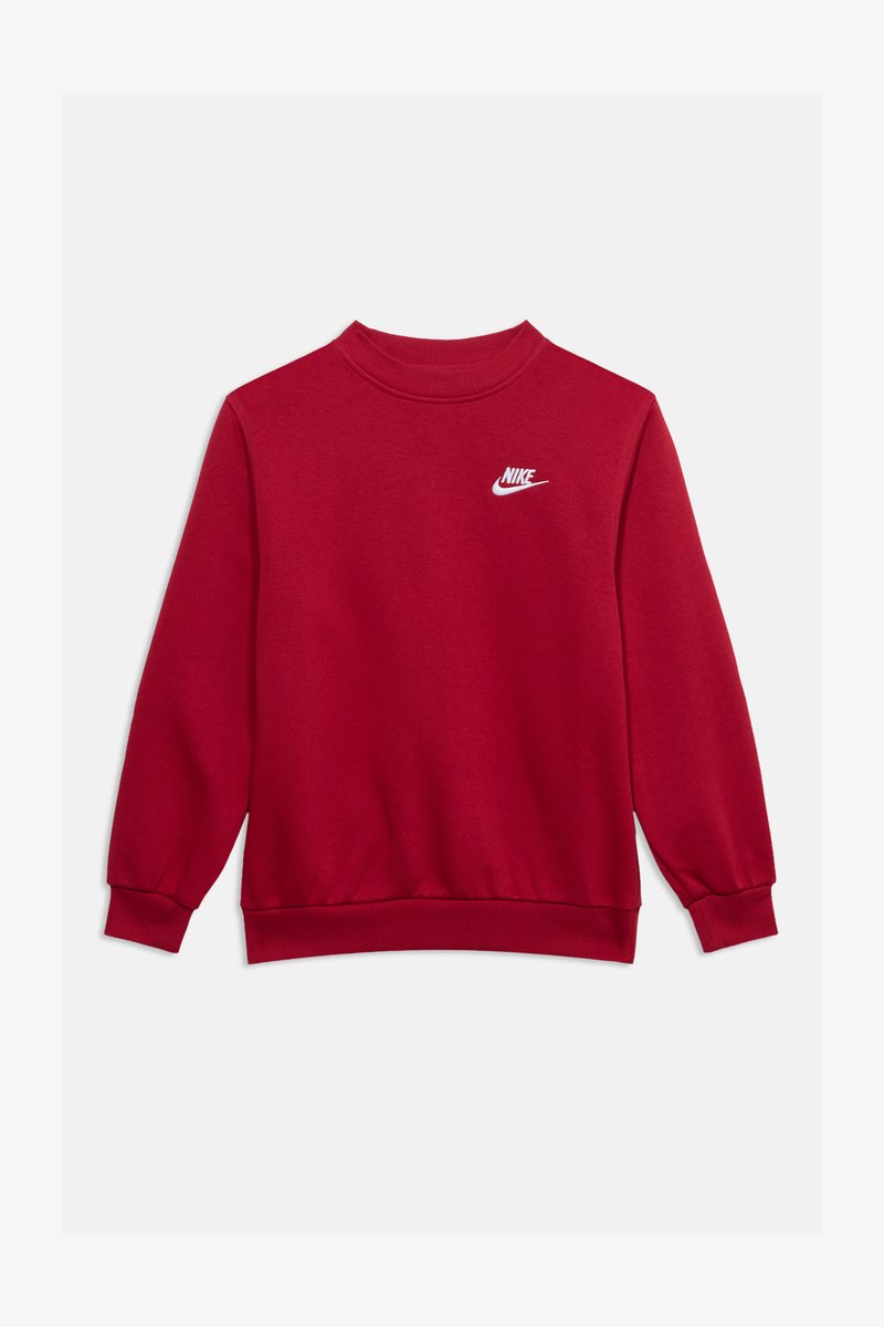 Κόκκινο φούτερ Nike με μακριά μανίκια, ριμπ μανσέτες και τελείωμα, στρογγυλή λαιμόκοψη και μικρό λευκό λογότυπο Nike στην πάνω αριστερή πλευρά του στήθους.